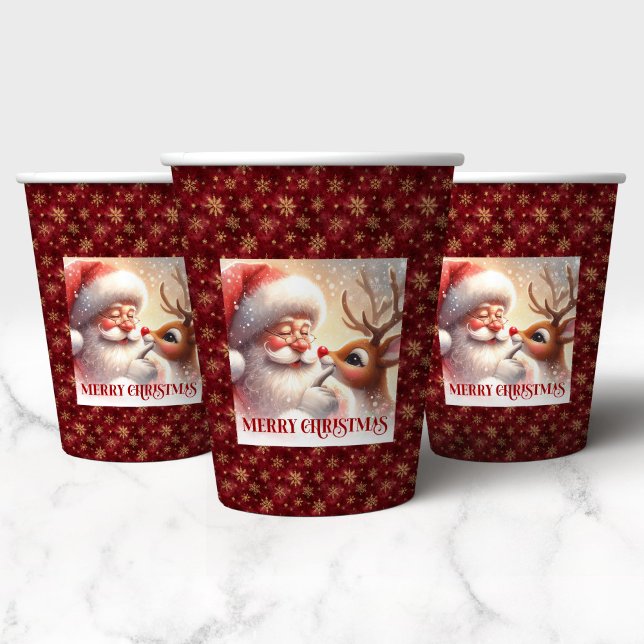 Vasos De Papel Cute Christmas Party Cups with Santa and Rudolph (Cute Christmas Party Cups with Santa and Rudolph)