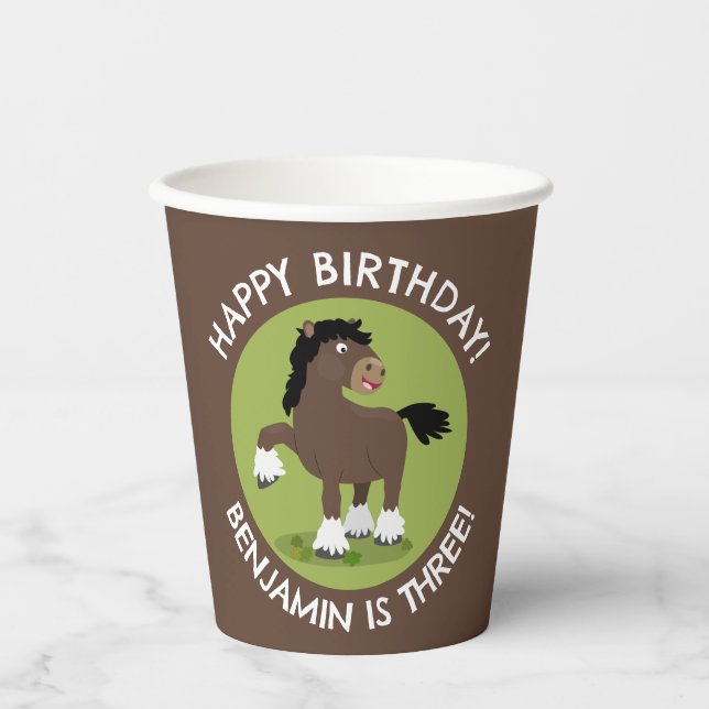 Vasos De Papel Cute Clydesdale equino de cumpleaños personalizado (Anverso)