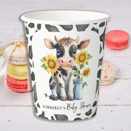 Vasos De Papel Cute Cow Sunflowers Moderno Simple Farm Baby Showe