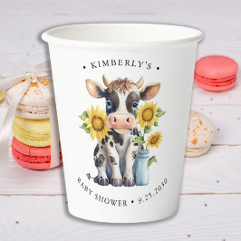 Vasos De Papel Cute Cow Sunflowers Moderno Simple Farm Baby Showe