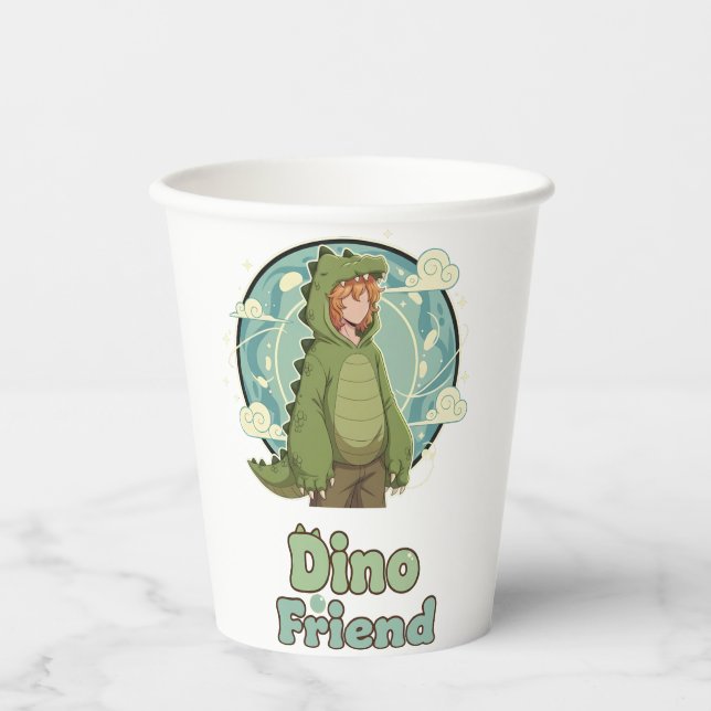 Vasos De Papel Cute Dino Friend Anime Boy - Green Dinosaur (Anverso)