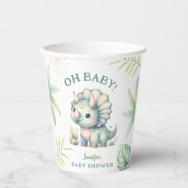 Vasos De Papel Cute Dino Jungle Triceratops Dinosaur Baby Shower (Anverso)