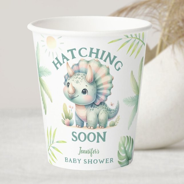 Vasos De Papel Cute Dino Triceratops Dinosaur Green Baby Shower (Subido por el creador)