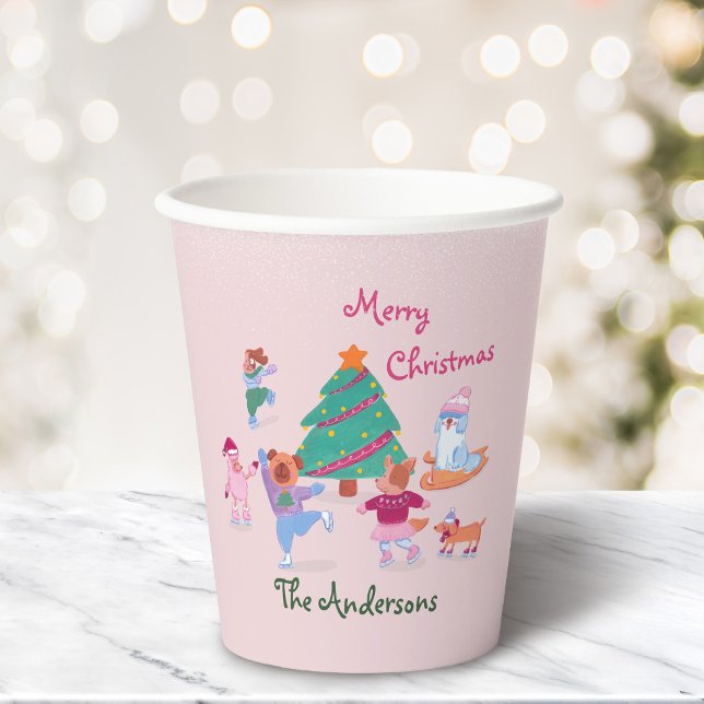 Vasos De Papel Cute Dog Ice Skating Name Pink Christmas Party (Subido por el creador)