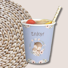 Vasos De Papel Cute Dusty Blue Floral Woodland Owl Baby Shower