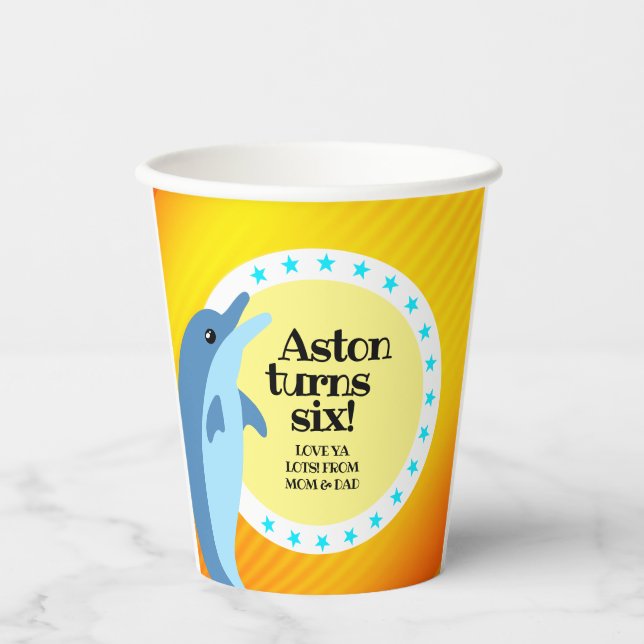 Vasos De Papel Cute feliz cumpleaños delfín azul en el sol (Anverso)