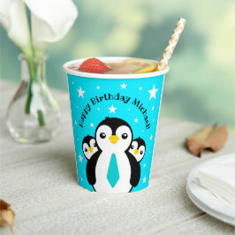 Vasos De Papel Cute Feliz Cumpleaños Pingüinos Cuellos Azules