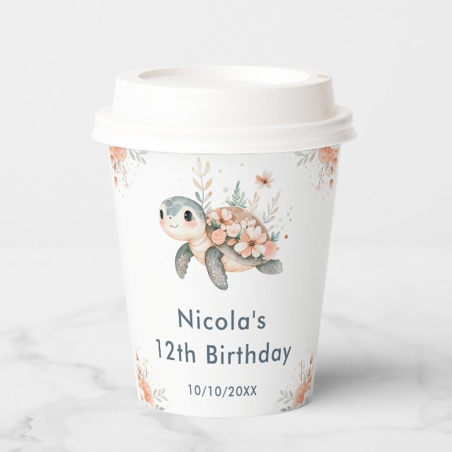 Vasos De Papel Cute Floral Turtle Birthday Party (Anverso)