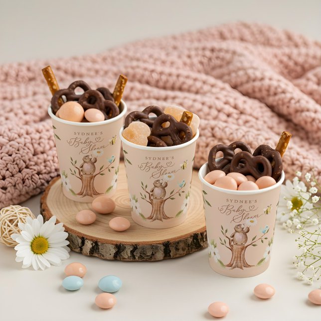 Vasos De Papel Cute Floral Woodland Knitus Bear Baby Shower (Cute Floral Woodland Knitted Bear Baby Shower Paper Cups)