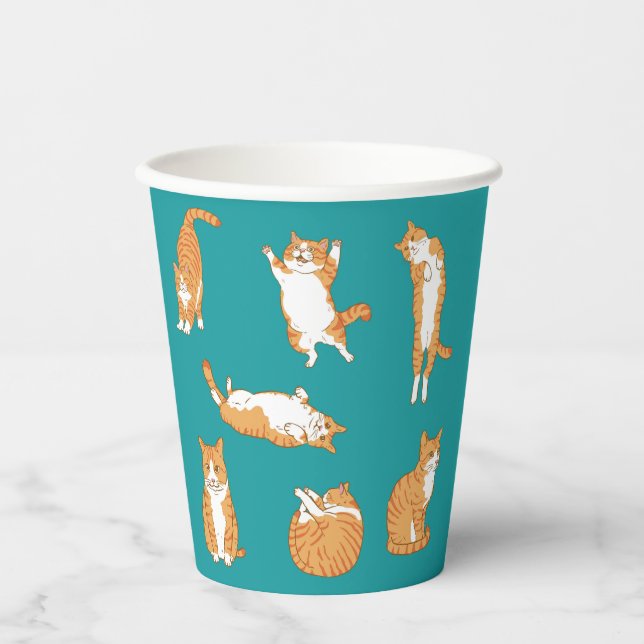 Vasos De Papel Cute Gato Naranja Poses (Anverso)