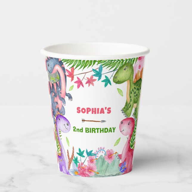 Vasos De Papel Cute Girl Dinosaur 2nd Birthday Party (Anverso)