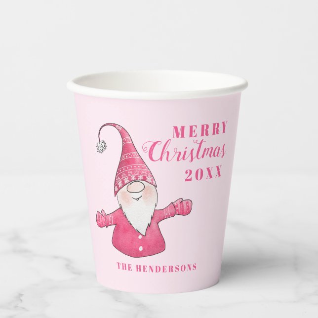 Vasos De Papel Cute Gnome Pink Personalizado Feliz Navidad (Anverso)