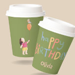 Vasos De Papel Cute Green Picnic Birthday Kids<br><div class="desc">Esta divertida y linda taza de papel para el cumpleaños de un niño muestra a un alegre chica sosteniendo un globo con un pájaro encaramado sobre la parte superior. En la parte posterior de la taza verde de color musgo aparece el texto "feliz cumpleaños" en coloridos colores pastel junto con...</div>