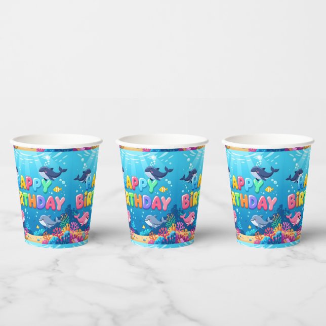 Vasos De Papel Cute Happy Birthday nautical dolphin (Multi)