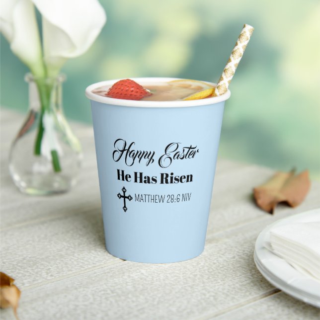 Vasos De Papel Cute Happy Easter He Has Risen Bible Verse Blue (in situ)