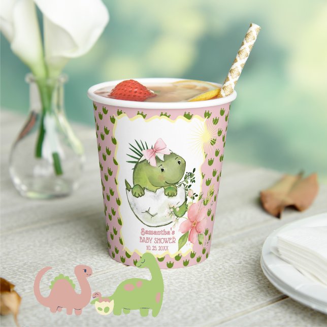Vasos De Papel Cute Hatching Dino Girl Baby Shower Paper Cups (Cute Hatching Dino Girl Baby Shower Paper Cups)