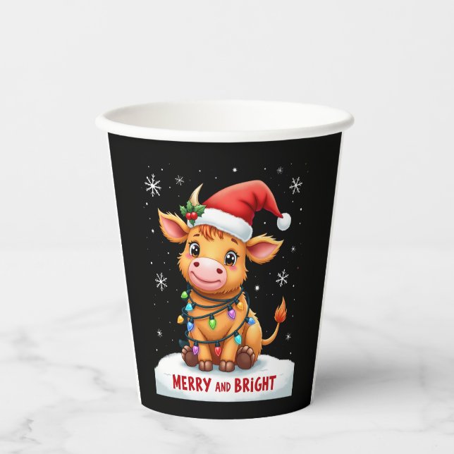Vasos De Papel Cute Highland Baby Cow Christmas Lights Merry & Br (Anverso)