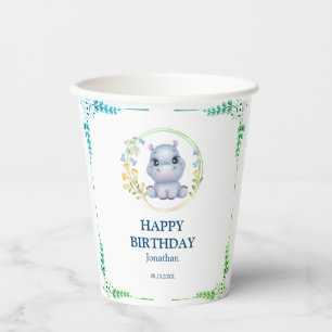 Vasos De Papel Cute Hipopótamo Flor Wreath Feliz cumpleaños