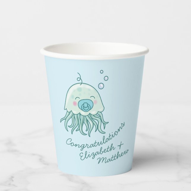 Vasos De Papel Cute Jellyfish Baby Shower Kawaii Blue Boy (Anverso)
