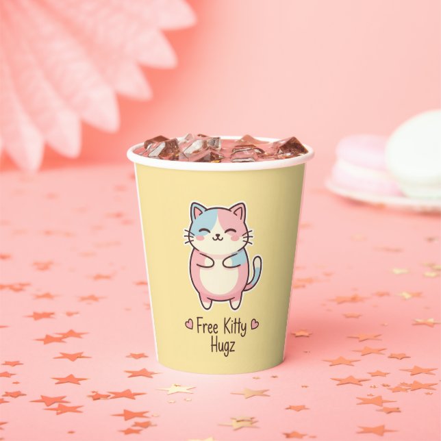 Vasos De Papel Cute Kawaii Cat Free Kitty Hugz Pastel Party Paper (in situ)