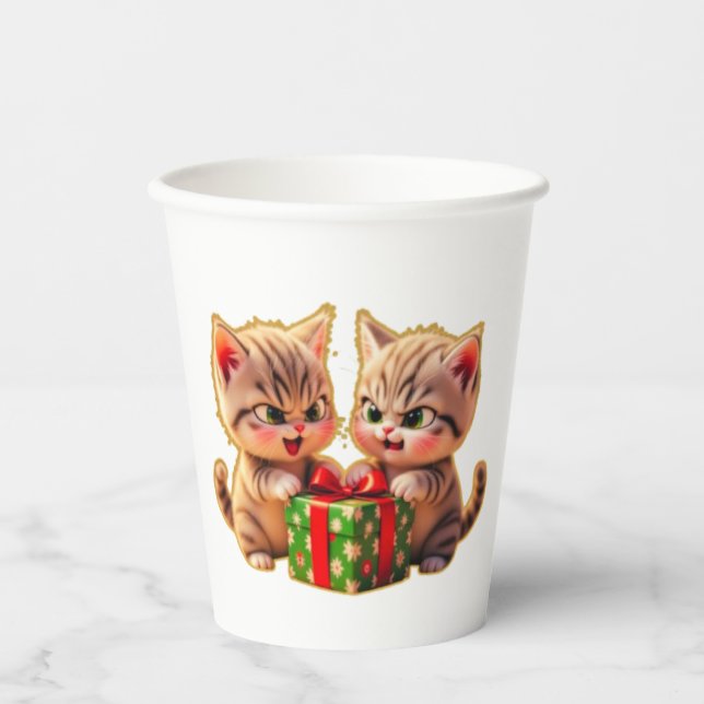Vasos De Papel **Cute Kittens Fighting Over a Gift – Funny Christ (Anverso)