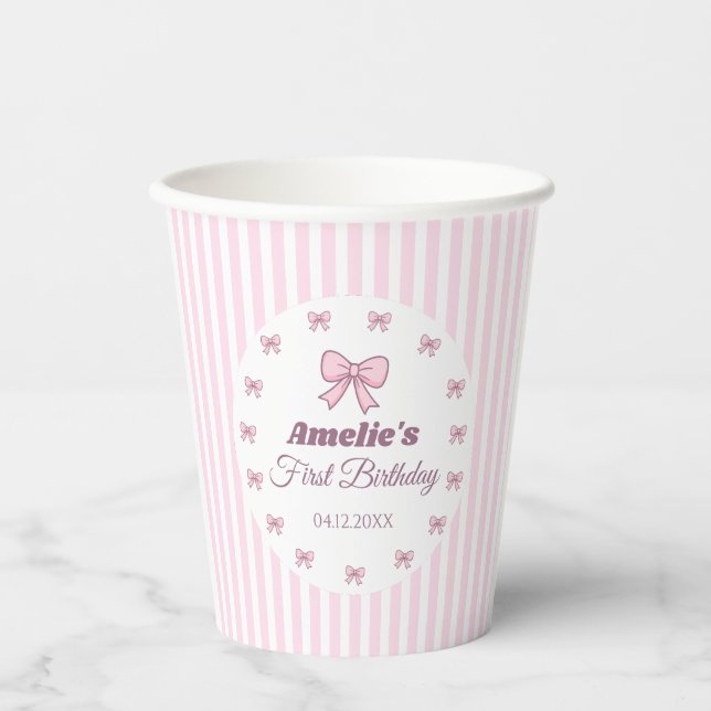 Vasos De Papel Cute Lazo Rosa Cumpleaños Uno  (Anverso)