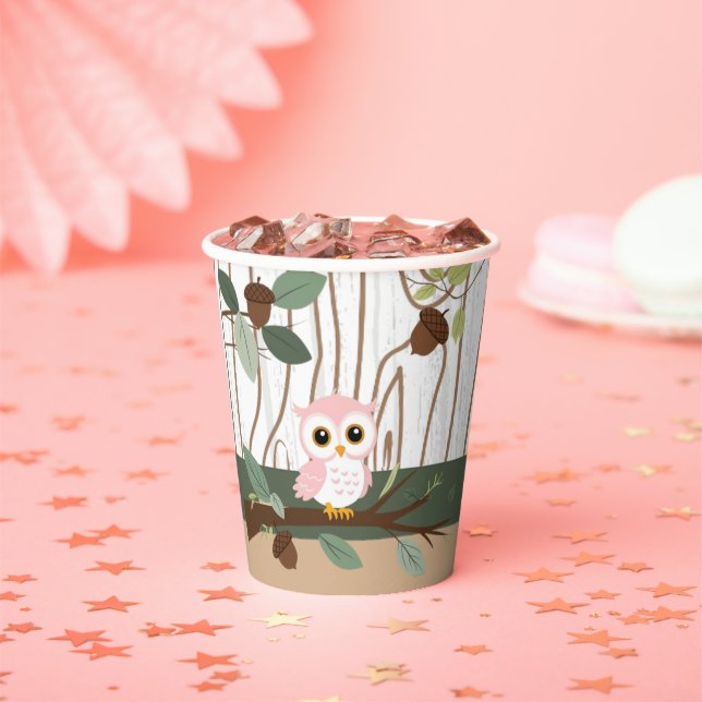Vasos De Papel Cute Lechuza Rosa Woodland Forest Baby Shower (in situ)