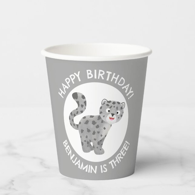 Vasos De Papel Cute leopardo de las nieves, cumpleaños personaliz (Anverso)
