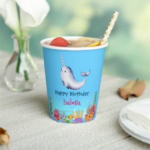 Vasos De Papel Cute Narwhal Fish Unicorn Mar de ballena Cumpleaño