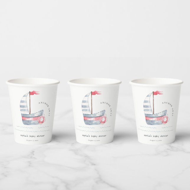 Vasos De Papel Cute Nautical Pastel Red Blue Sailboat Baby Shower (Multi)