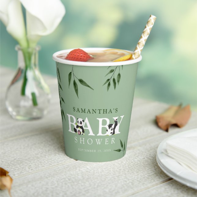 Vasos De Papel Cute Panda y Foliage Neutral Baby Shower (in situ)