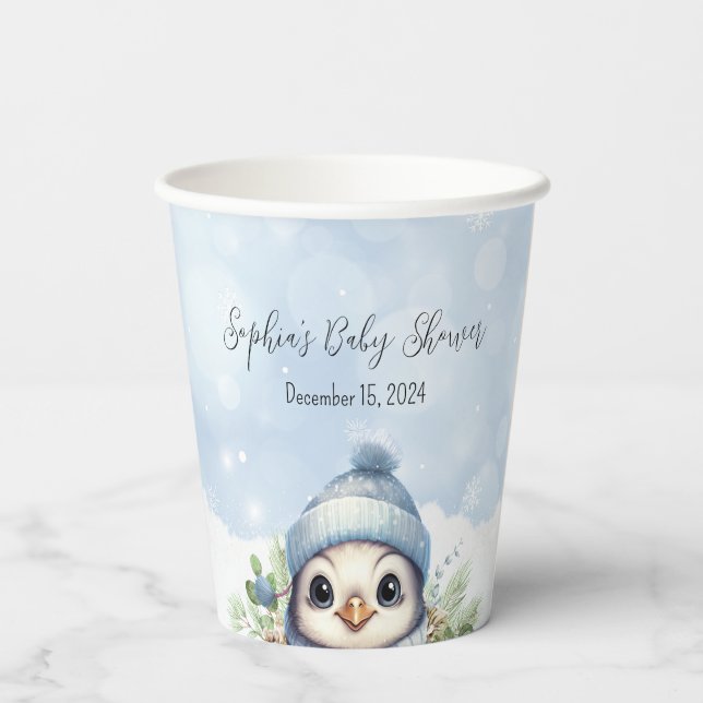 Vasos De Papel Cute pingüino azul invierno Nieve Baby Shower (Reverso )