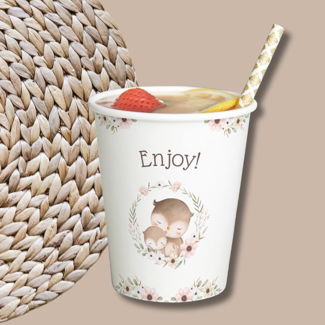 Vasos De Papel Cute Pink Floral Woodland Owl Baby Shower (Subido por el creador)