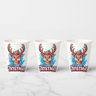 Vasos De Papel Cute Reindeer Mascot With 'I Love Christmas' Text