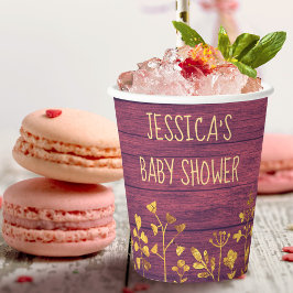 Vasos De Papel Cute Rustic Purple Gold Floral Nombre Baby Shower