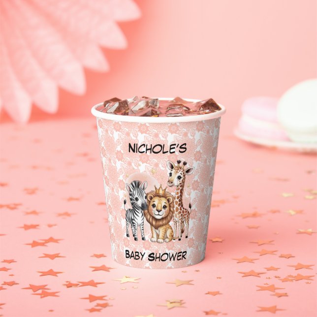 Vasos De Papel Cute Safari Animals Pink Florals Girl Baby Shower (in situ)