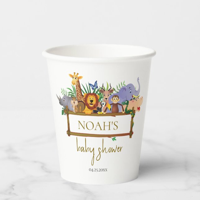 Vasos De Papel Cute Safari, vegetación animal, ducha de bebé (Anverso)