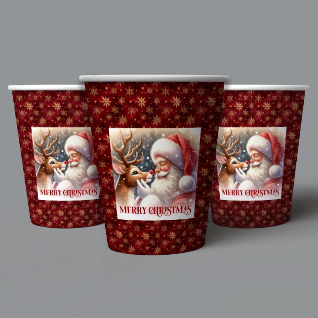 Vasos De Papel Cute Santa Claus & Rudolph Christmas Party Cups (Kids Christmas Paper Cups Cute Santa and Rudolph)