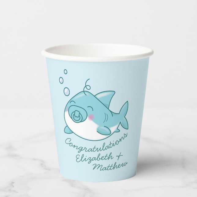 Vasos De Papel Cute Shark Baby Shower Kawaii Blue Boy (Anverso)