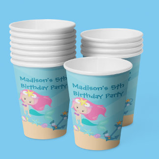 Vasos De Papel Cute sirena Chica de playa Personalizado de niños 