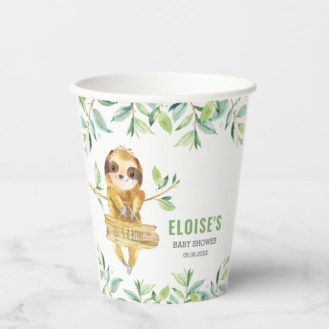 Vasos De Papel Cute Sloth Jungle Greenery Boy Baby Shower  (Anverso)