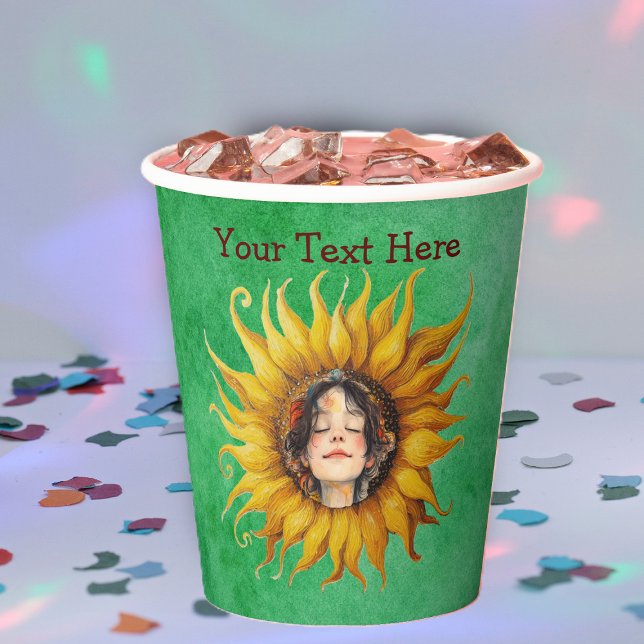 Vasos De Papel Cute Smiling Girl in Yellow Sunflower on Greens (Face of peaceful girl in big yellow sunflower on green paper party drinking cups.)