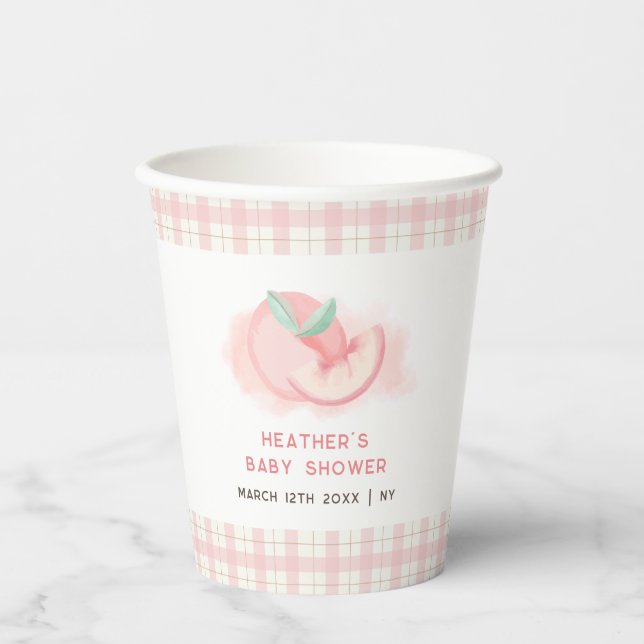 Vasos De Papel Cute Sweet Pink Gingham Peach Baby Shower (Anverso)