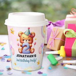 Vasos De Papel Cute Teddy Bear 2nd Birthday | Rainbow & Balloons 