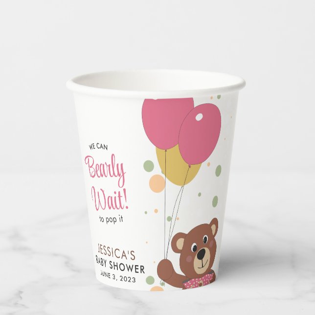 Vasos De Papel Cute Teddy Bear Globos de Oro y Rosa Baby Shower (Anverso)