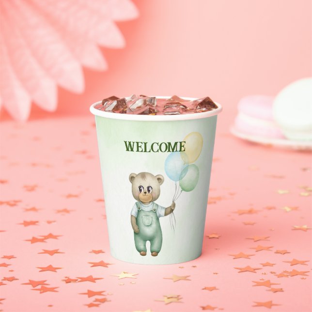 Vasos De Papel cute teddy bear green background (in situ)