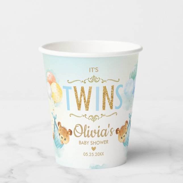 Vasos De Papel Cute Teddy Bears Twins Baby Boys Twin Baby Shower (Anverso)