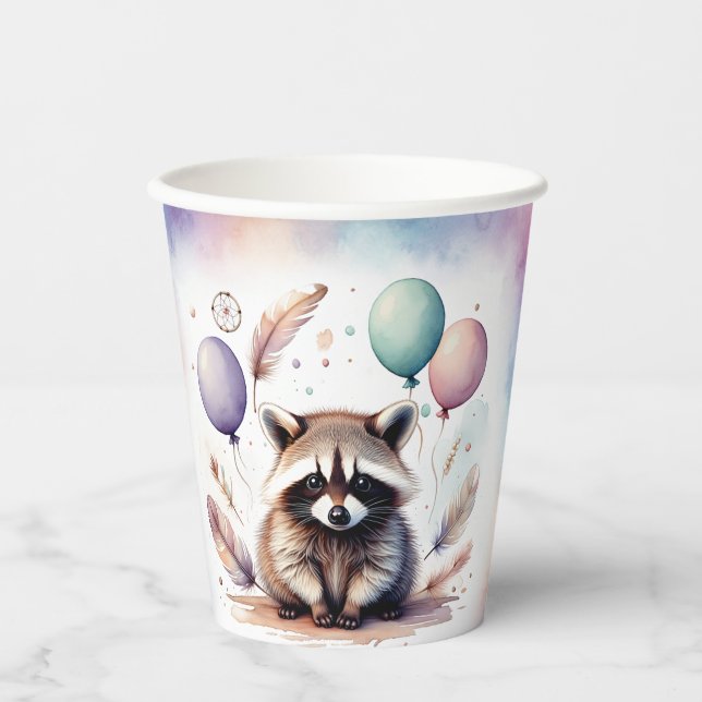 Vasos De Papel Cute Watercolor Baby Raccoon Balloons Birthday  (Anverso)