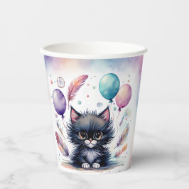 Vasos De Papel Cute Watercolor Black Kitten Balloons Birthday 