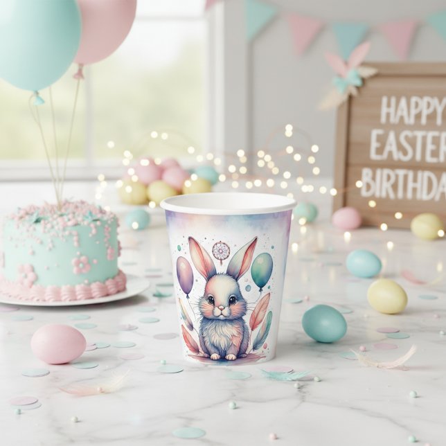 Vasos De Papel Cute Watercolor Bunny Rabbit Balloons Birthday  (Cute Watercolor Bunny Rabbit Balloons Birthday Paper Cups)